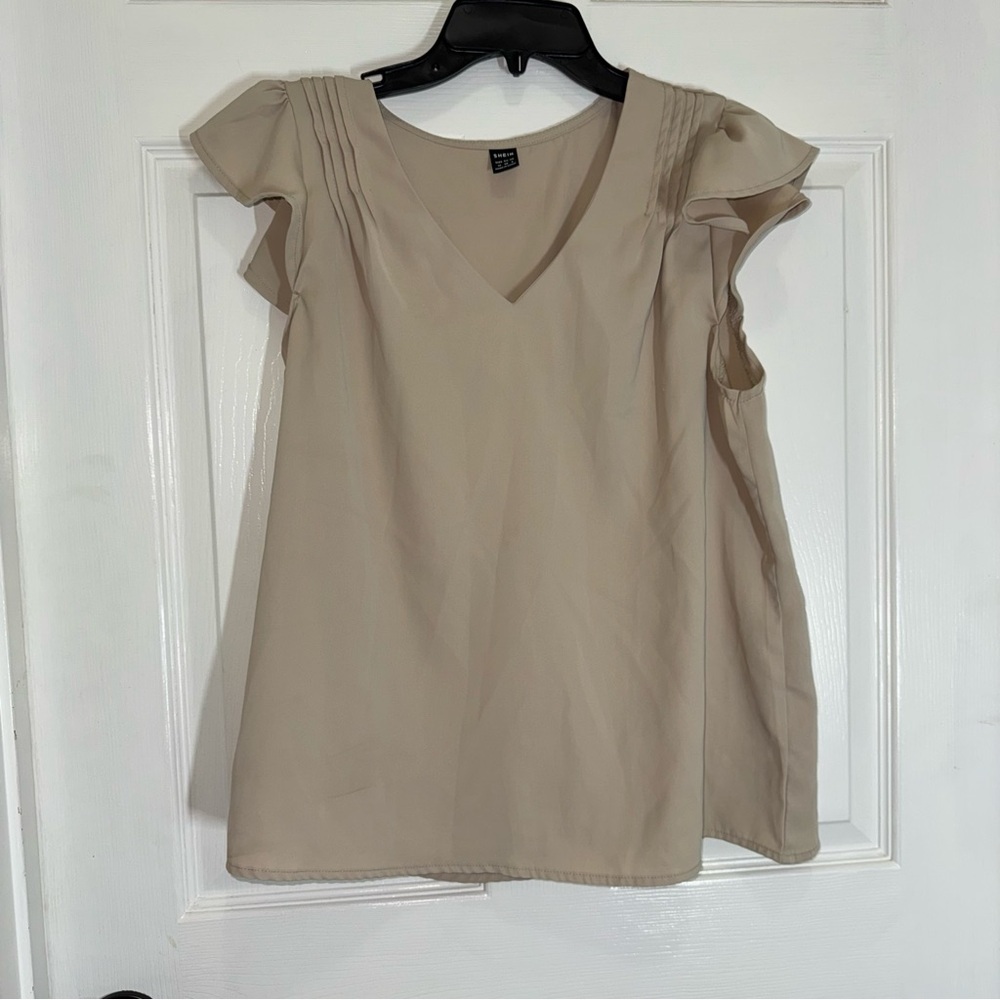 SHEIN Tan Ruffled Cap Sleeve V Neck Blouse